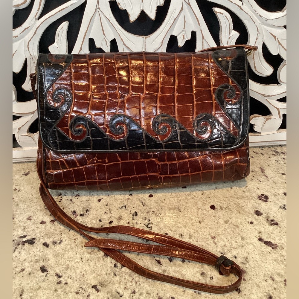 Vintage Sharif Embossed Leather Reptile Shoulder Crossbody Bag Rich Brown Black